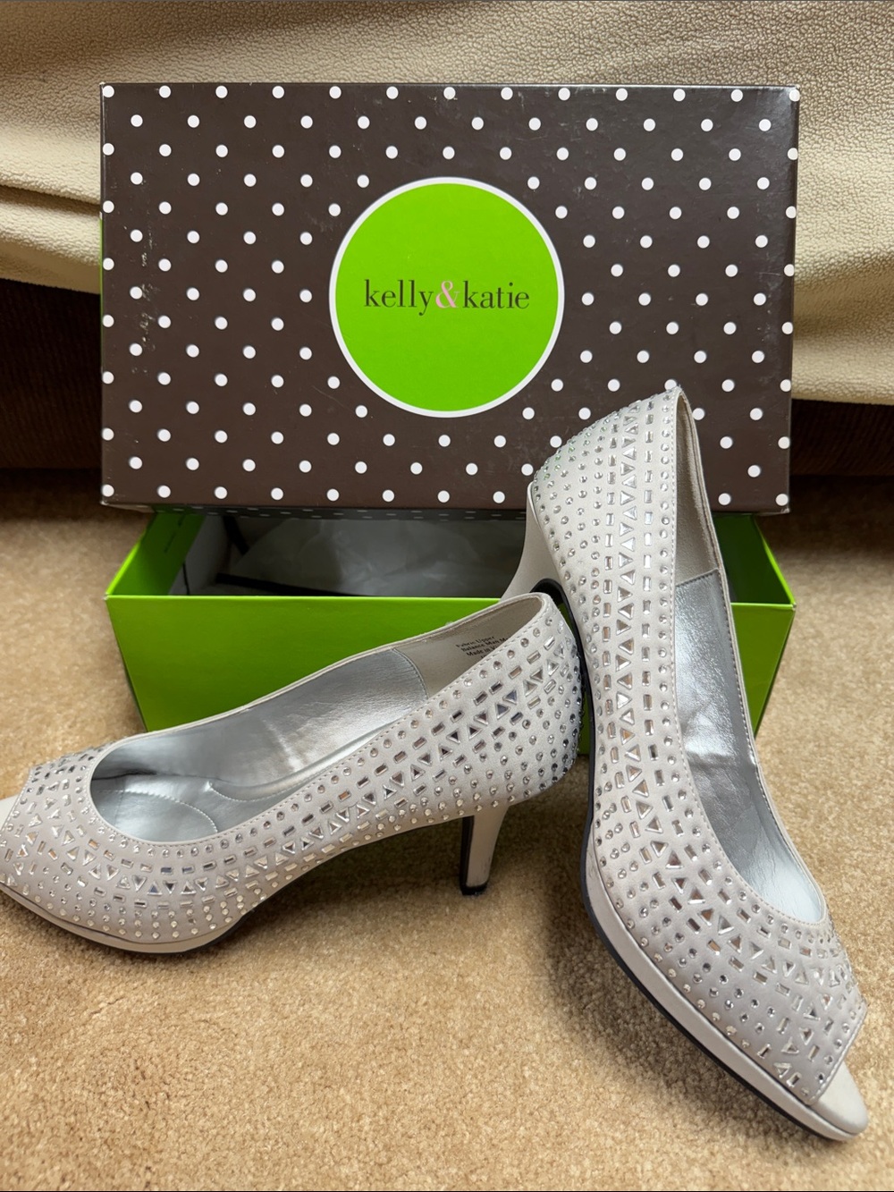 Kelly & Katie Light Gray Cutout & Rhinestone Peep-Toe Heels